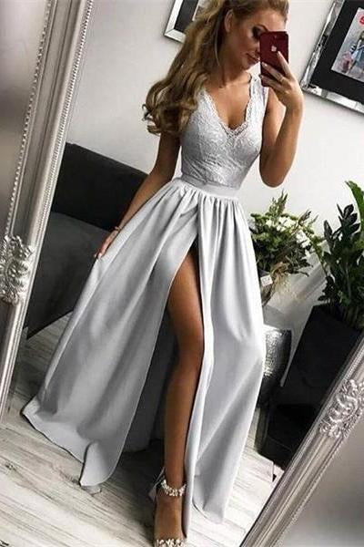 Cheap Silver Long V-neck Lace Satin Prom Dresses For Teens Split Party Dresses