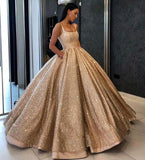 Beading Sequins Gold Ball Gown Prom Dress with Pockets,Long Quinceanera Dresses PFP0136