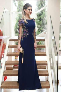 Sheath Long Sleeves Navy Blue Prom Dresses With Floral Embroidery