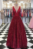 Charming Burgundy V Neck Sleeveless Sequin Prom Dresses A Line Formal Party Dress PFP0609