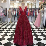 Charming Burgundy V Neck Sleeveless Sequin Prom Dresses A Line Formal Party Dress PFP0609