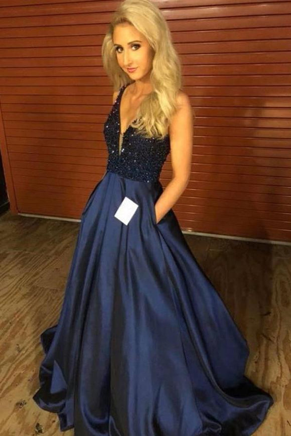 A Line Plunge Neckline Beaded Navy Blue Prom Dresses Pockets Cheap Eve Promfast A Line Plunge Neckline Beaded Navy Blue Prom Dresses Pockets Cheap Eve Promfast