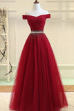 Burgundy A Line Off the Shoulder Beads Long Prom Dress