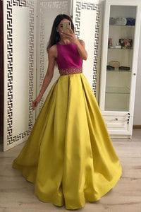 Stunning A Line Satin Yellow Beaded Sleeveless Long Prom Dresses
