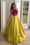 Stunning A Line Satin Yellow Beaded Sleeveless Long Prom Dresses