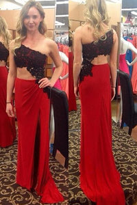 Black Lace One Shoulder Red Sexy Prom Dress,Long Party Dresses PFP0141