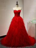 Chic Sweetheart A Line Zipper Back Red Ruffles Cheap Long Prom Dress PFP0025