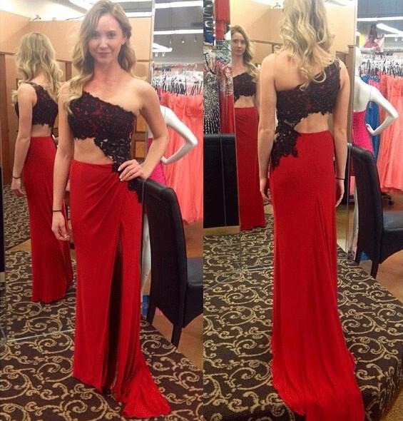 Black Lace One Shoulder Red Sexy Prom Dress,Long Party Dresses PFP0141 Promfast Black Lace One Shoulder Red Sexy Prom Dress,Long Party Dresses PFP0141 Promfast