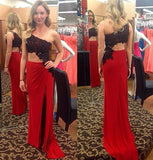 Black Lace One Shoulder Red Sexy Prom Dress,Long Party Dresses PFP0141