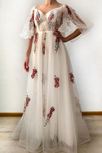A Line Ivory Half Sleeves Floral Appliques Tulle Long Prom Dresses