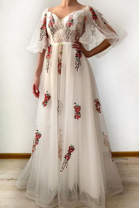 A Line Ivory Half Sleeves Floral Appliques Tulle Long Prom Dresses