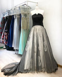 A Line Black Strapless Appliques Long Cheap Prom Dresses PFP0617