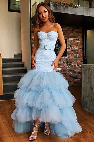 Sky Blue Tulle Sweetheart Neck Long Layered Evening Dress Cheap Prom Dresses