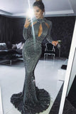 Sexy Long Sleeves Sequin Mermaid Shinning Sweep Train Cheap Prom Dresses PFP0144