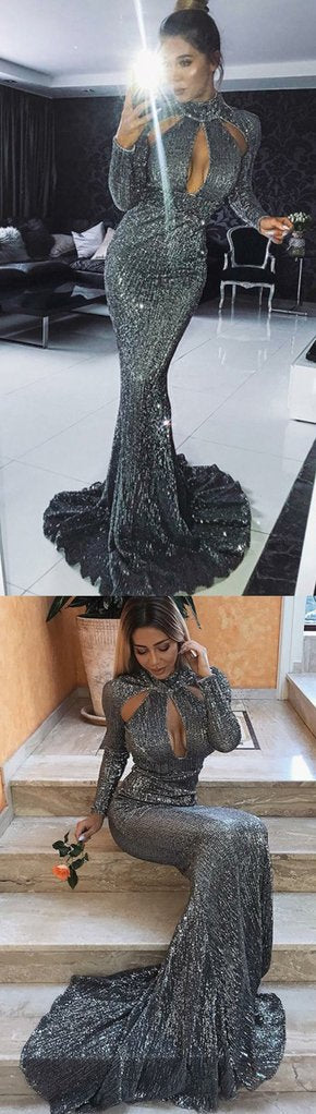 Sexy Long Sleeves Sequin Mermaid Shinning Sweep Train Cheap Prom Dress –  Promfast