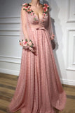 3D Flowers Long Sleeve Pink Prom Dresses Pearl Beaded V Neck Formal Dress