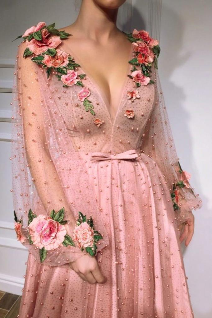 3D Flowers Long Sleeve Pink Prom Dresses Pearl Beaded V Neck Formal Dr –  Promfast