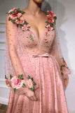 3D Flowers Long Sleeve Pink Prom Dresses Pearl Beaded V Neck Formal Dress PFP0620