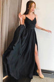 Stunning A-line Spaghetti Straps Long Black Prom Dress with Split