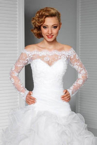 Lace Appliqued Long Sleeve Off-the-Shoulder Bridal Shawl, Sexy Wedding Shawl PFSW0004