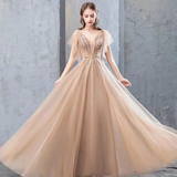 Promfast A Line Short Sleeves Tulle Beading Long Prom Dress Evening Dress PFP1795