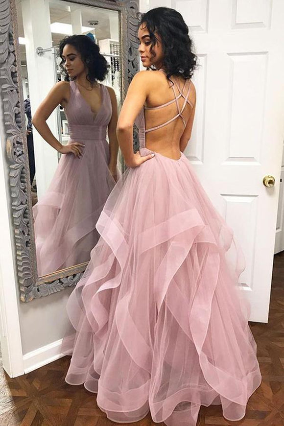 Sexy Deep V Neck Ruffles Pink Long Prom Dress with Criss Cross Back