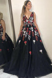 Charming V-Neck Black Floral Appliques Beading Sleeveless Long Prom Dress