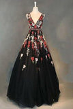 Charming V-Neck Black Floral Appliques Beading Sleeveless Long Prom Dress PFP0622