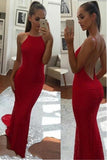 Simple Spaghetti Straps Backless Red Prom Dress,Long Mermaid Formal Dresses