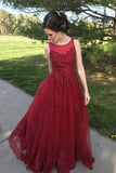 A Line Red Appliques Long Tulle Formal Prom Dresses PFP0148