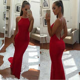 Simple Spaghetti Straps Backless Red Prom Dress,Long Mermaid Formal Dresses PFP0623