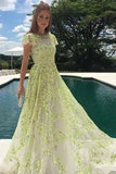 A-Line Lace Cap Sleeves Daffodil Tulle Long Prom Dress with Appliques PFP0149