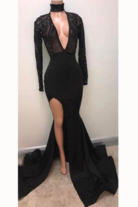 Cheap Black Deep V-neck Long Sleeve Prom Dresses Split Sexy Evening Gown