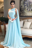 Light Blue One Shoulder Chiffon Formal Prom Gown, Simple Bridesmaid Dresses