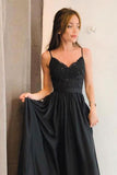Stunning A-line Spaghetti Straps Long Black Prom Dress with Split PFP0480