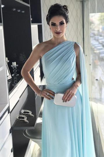 Light Blue One Shoulder Chiffon Formal Prom Gown, Simple Bridesmaid Dr –  Promfast