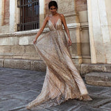 Charming A Line V Neck Spaghetti Straps Sequin Long Prom Dress PFP0150