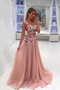 A Line Broad Straps Floral Appliqued Prom Dress, Cheap Long Tulle Evening Dresses