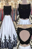 2 Pieces Black And White A-line Lace Top Open Back Prom Dresses