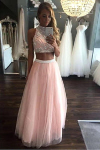 Two Pieces A Line Beading Tulle Long Prom Dresses Cheap Pink Evening Dress