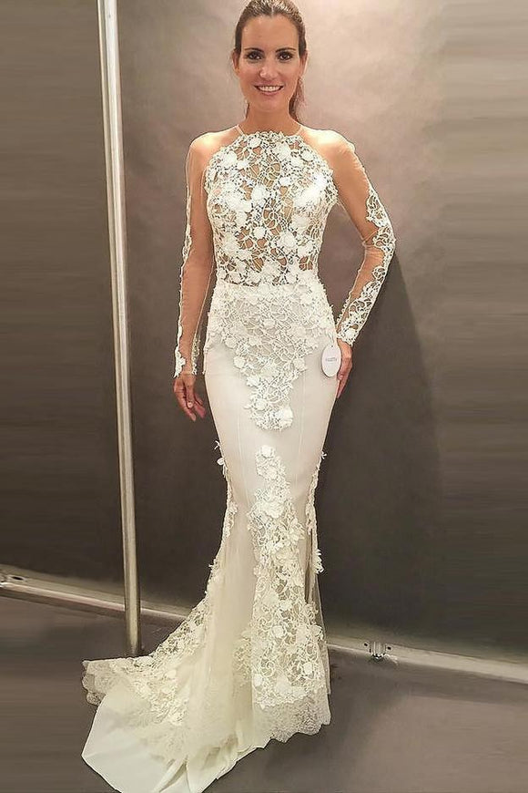 Mermaid Jewel Long Sleeves Sweep Train Wedding Dresses, Prom Dress with Lace Appliques PFW0053
