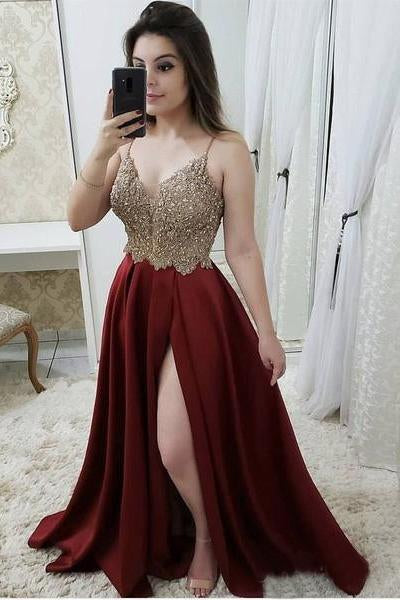Spaghetti Strap A Line Maroon Long Beaded Prom Dresses with Slit and Gold Lace 