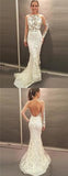 Mermaid Jewel Long Sleeves Sweep Train Wedding Dresses, Prom Dress with Lace Appliques PFW0053