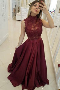 Cheap Maroon Lace Top Prom Dresses Long Burgundy Evening Gown with High Neck
