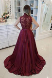 Cheap Maroon Lace Top Prom Dresses Long Burgundy Evening Gown with High Neck PFP0632