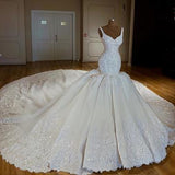 Vintage V-neck Royal Train Satin Mermaid Wedding Dresses With Lace Embroidery PFW0054
