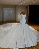 Vintage V-neck Royal Train Satin Mermaid Wedding Dresses With Lace Embroidery PFW0054