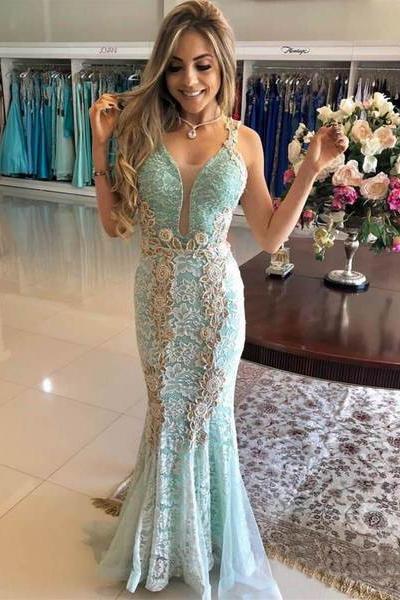 Vintage Mint Lace Mermaid Prom Dresses V Neck Elegant Formal Party Dress