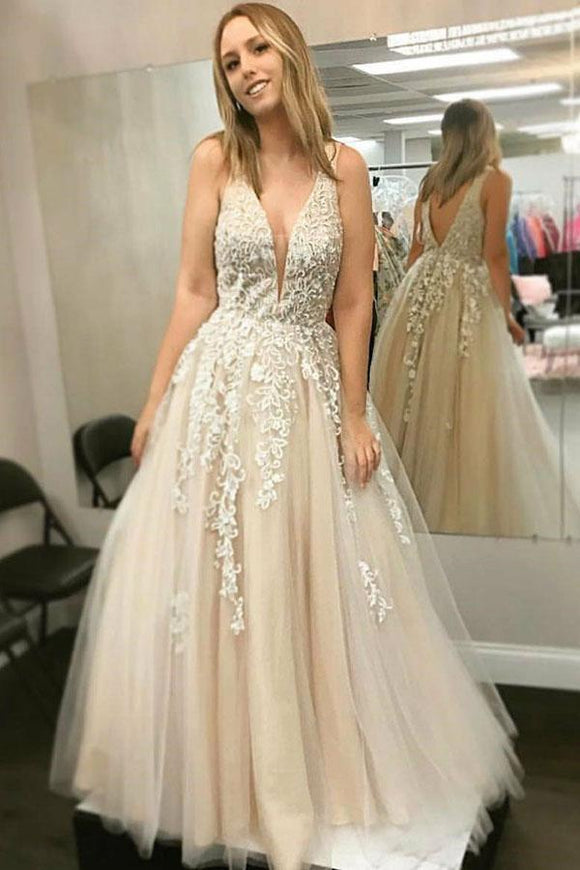 A Line V Neck Prom Dresses With Lace Appliques, Long Cheap Evening Dre