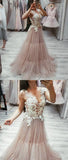 V Neck Tulle Lace Appliques Long Prom Dress, Cheap Tulle Evening Dresses PFP0026